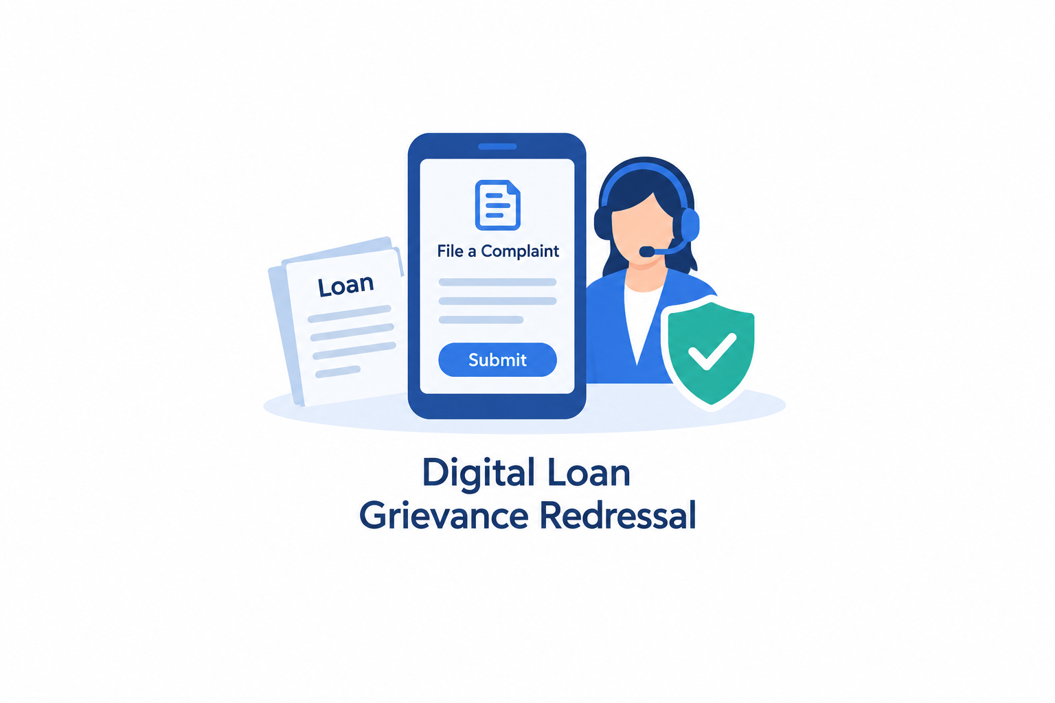 Digital loan grievance redressal process showing a secure online complaint portal, financial documents, complaint checklist, and digital lending support concept.
